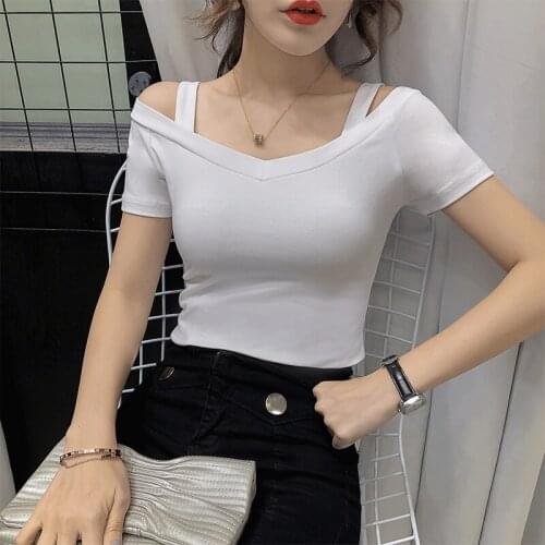 2021New V-neckKorean Pure Cotton T-shirts Girls Ladies Sexy Top Basic Shirts Tee off shoulder