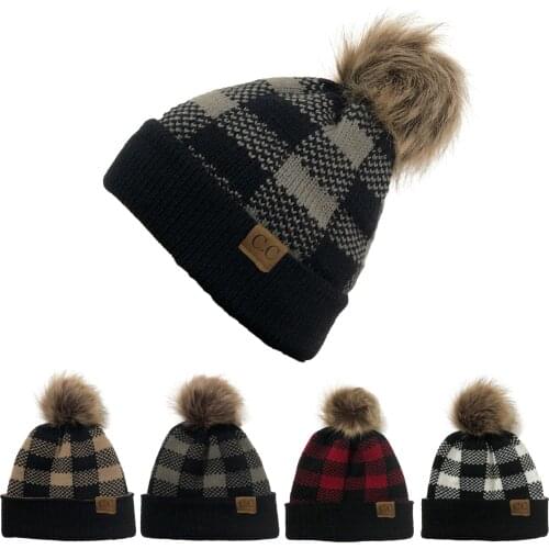 2021 New style women and men winter Wool Hat Christmas lattice detachable wool ball crimped knitted hat