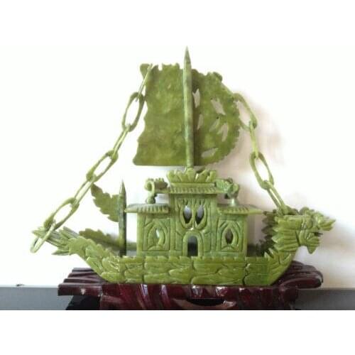 Elaborate 100% Chinese Natural jade Hand-carved Auspicious Dragon Boat -" Yi Fan Feng Shun "