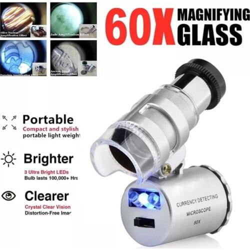 1 Pack 60X Handheld Magnifying Glass Mini Pocket Microscope Loupe UV Currency Detector Jeweler Portable Magnifier With LED Light