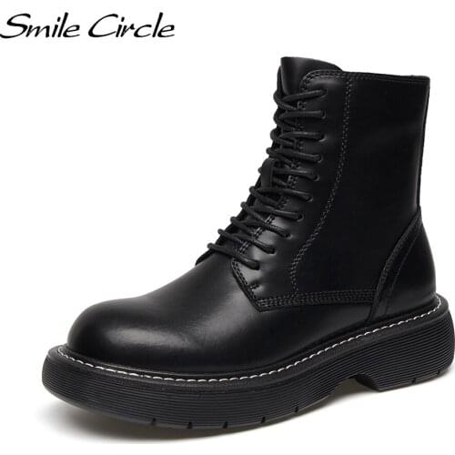 Smile Circle Motorcycle Boots Women Platform Boots Short Boots Keep warm winter Round Toe Thick Bottom Ladies Booties Black