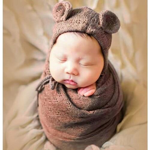 Newborn Knit Stretch Wrap+Hat Set Crochet Blanket Bonnet Baby Photography Props B36E