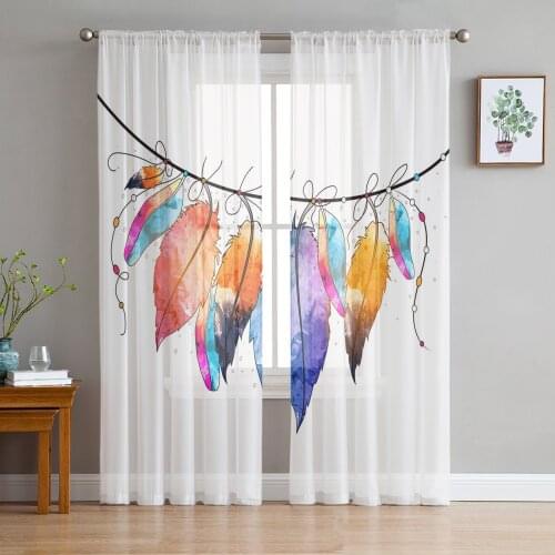 Indian Feather Bohemia Tulle Curtains for Living Room Decoration Modern Chiffon Sheer Voile Kitchen Curtain