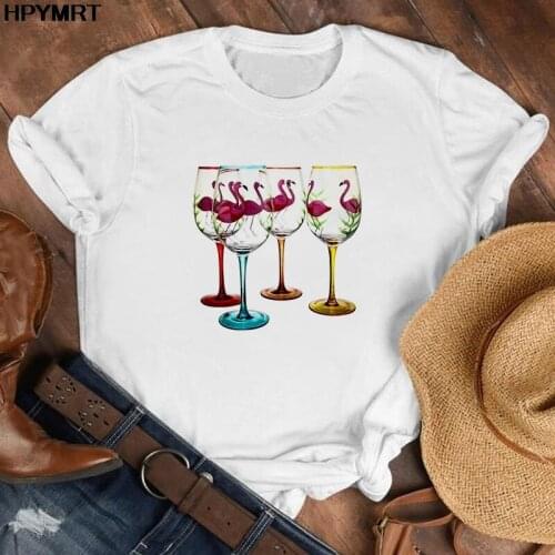 Fun wine glass flamingo Printed Women Tshirt Summer Funny T Shirt Women Camiseta Mujer Short Sleeve Tshirt Lady Girl Tops Tee