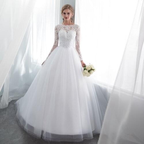 Lace appliques white wedding dresses 2019 long sleeves muslim Wedding gowns with sweep train Vestidos de festa Bride dresses