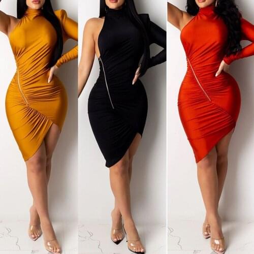 Women Fashion Banquet Party Skinny Turtleneck Dress Solid Color One Shoulder Zip Design Pleated Bandage Elegant Vestidos Female
