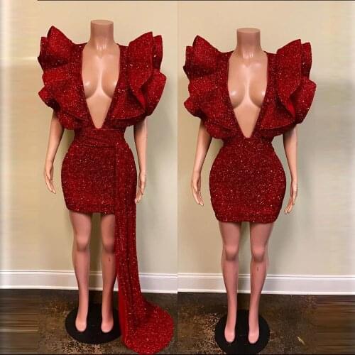 Peplum Shoulder Evening Dress Sequins abendkleider Custom Made Short Burgundy Prom Gowns Gorgeous Sexy Deep V robe de soiree