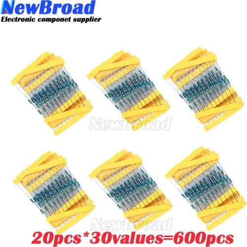 20pcs*30values=600pcs Metal Film Resistor Assorted Kit 1% 1/4W 10 Ohm ~1M Ohm new and