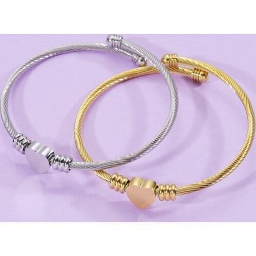 100% Stainless Steel Heart Charm Expandable Bangle For Women Gold/Silver Color Metal Adjustable Cuff Open Bangles Braceltes 5pcs