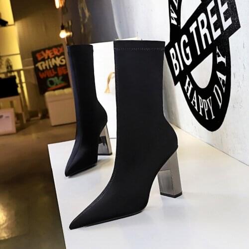 BIGTREE New Ankle Boots Autumn Pointed Toe Stretch Knitting Sock Boots Plus Size High Heels Female Slip On Lady Shoes