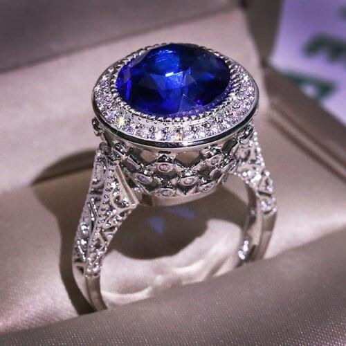 Big Blue Zircon Stone Silver Ring for Women Wedding Engagement Fashion Jewelry High Quality Gift S925 Silver Color