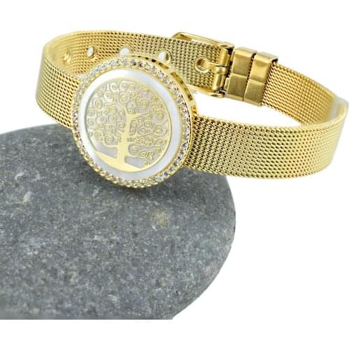 Trendy Gold Color Womens Zircon Bracelet Charm CZ Pave Tree of Life Hand Shell Bead Charms Stainless Steel Watch Belt Bangle