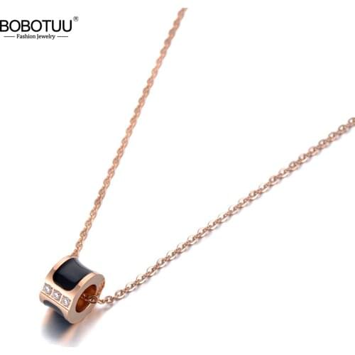 BOBOTUU Trendy Black Drip Glaze Choker Necklaces For Women Girl Rose Gold Stainless Steel Crystal Chain Pendant Jewelry BN19129