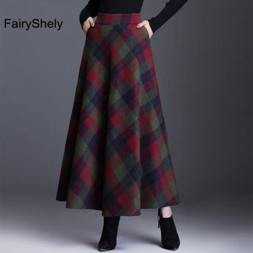 FairyShely 2020 Korean High Waist Pleated Maxi Skirt Women Vintage Pocket Woolen Plus Size Skirt female Tweed Plaid Long skirt