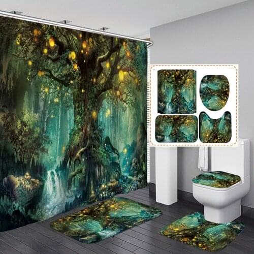 Fantasy Scenery Tree Shower Curtain Oil Painting With Non Slip Rug Mat Bathroom Curtain Waterproof Polyester Home Decor 180x180