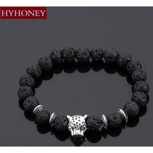 HYHONEY 2017 Silver Plated Buddha Leopard head Bracelet Lava Natural Stone Beaded Bracelets For Men Women