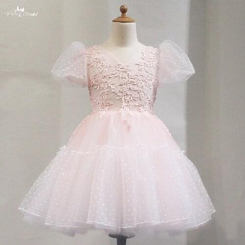 LZC034 Illusion Tulle Beading Ball Gown Puff Sleeve Blush Lace Flower Girl Dresses Appliqued Pageant Dress For Girls