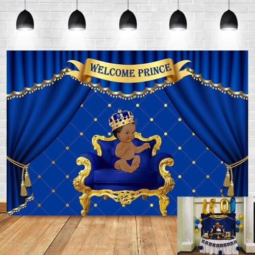 Mocsicka Royal Boy Baby Shower Background Welcome Prince Dark Skin Africa Boy Royal Blue Crown Curtain Photography Backdrops