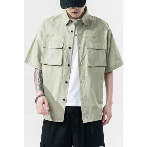 Mens Casual Shirts Short Sleeve Pockets Cotton Military Style Blouse Male Japanese Streetwear Black White Summer Shirts for Men