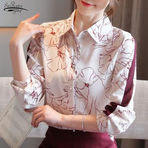 New Classic Chiffon Blouse Female Elegant Print Loose Long Sleeve Shirts Women Shirt Lady Simple Style Tops Clothes Blusas 10881