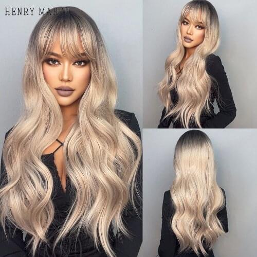 HENRY MARGU Long Ombre Blonde Synthetic Wigs With Bangs Natural Wavy Hair Wigs for Women Heat Resistant Cosplay Party Wigs