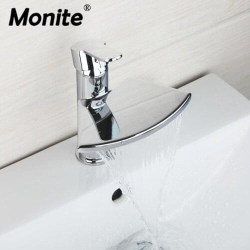 Monite Polished Chrome Brass Waterfall Faucet torneira 8252 Bathroom Basin Faucet Vanity Sink Mixer Tap Wide Spout