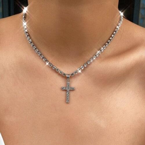 Simple Vintage Style Rhinestone Cross Pendant Necklace for Women Creative Geometric Clavicle Necklace Jewelry Kolye XR2914