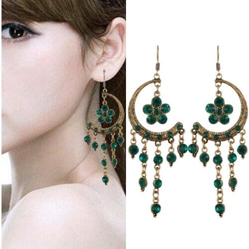 Ethnic Womens Red Flower Bohemian Earrings Vintgae Moon Shape Alloy Beaded Gypsy Jhumka Drop Earrings Gift