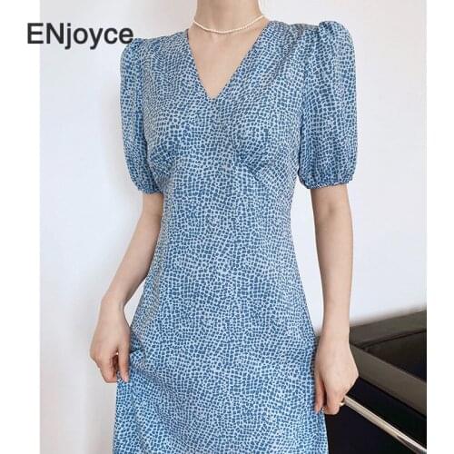 Women Vintage Printed V-neck Blue Puff Short Sleeve Maxi Dress Korean Style Elegant Ladies A-line Party Long Dresses Summer 2021