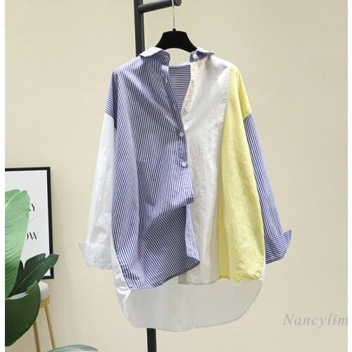 Mixed Color Stripe Shirt Womens Mid-Length Blouse 2021 Spring Summer New Korean Style Loose Casual Long Sleeve Streetwears Top