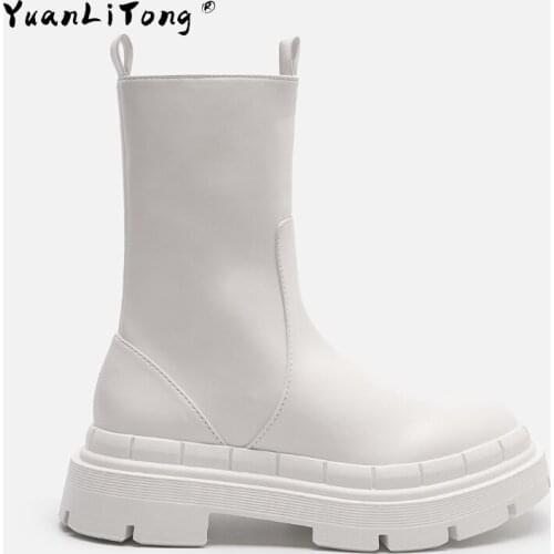 ZA Boots Ra Beige Ankle Platform Boots Thick-soled Martin Boots Female Side Zipper Rider Boots Chelsea Mid-tube Calf Boots