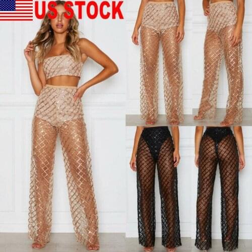 Women Crochet Beach Wide Leg Pants Plaid Lace See Through Swimwear Beach Trousers