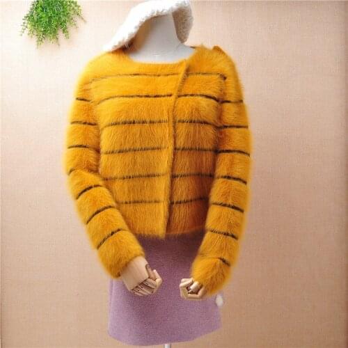 Top mujer women short style fashion hairy crop top mink cashmere knitted striped long sleeves cardigans angora fur jacket coat