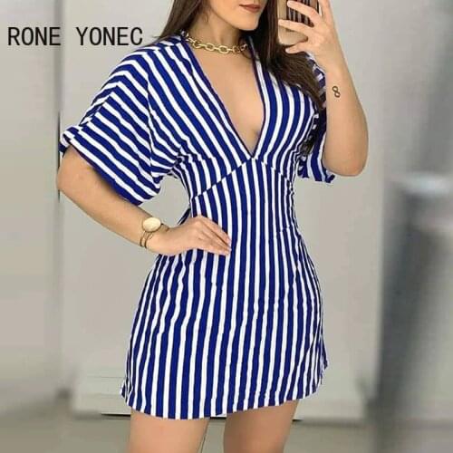 Women Stripe Print V-neck Tight Waist Backless Dress Casual Vacation Dress 2021