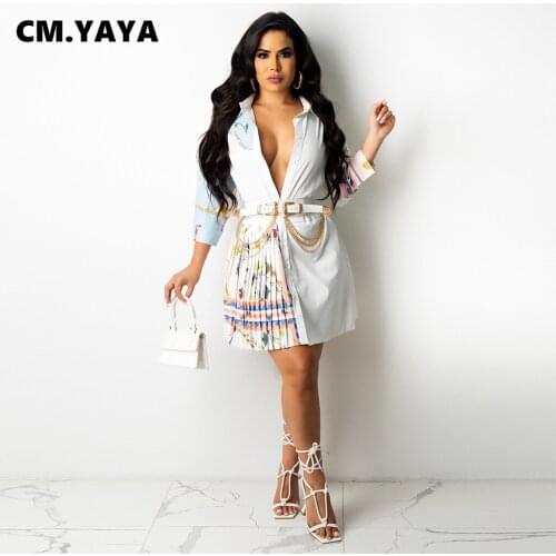 CM.YAYA Women Mini Dress Print Straight Loose Pleat Vestidos Office Lady Casual Dresses Vintage Outfits Fall Without Sashes 2021