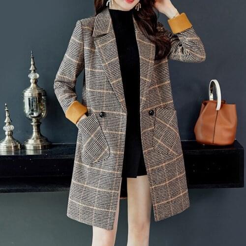 S-2XL size 2020 ladies autumn winter new woolen coat often long woolen coat lapel plaid casual top NZ022