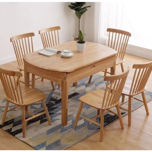 1.35m Nordic Real Solid Wood Rectangular Round Burlywood And Walnut Dining Table With 6 Windsor Chairs