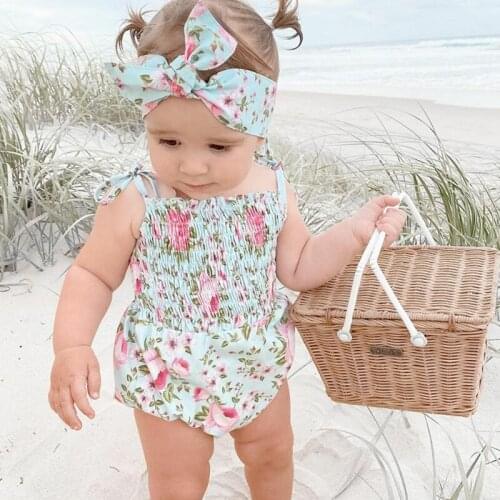 2Pcs Sweet Style Baby Girls Outfit Toddlers Summer Creative Floral Printing Sleeveless Suspender Romper + Bow Headwear Set