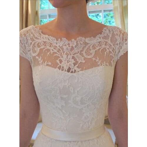 2020 Vintage Lace A Line Wedding Dresses Bateau Short Sleeves Bridal Dress Chapel Bride Party Wear Custom White