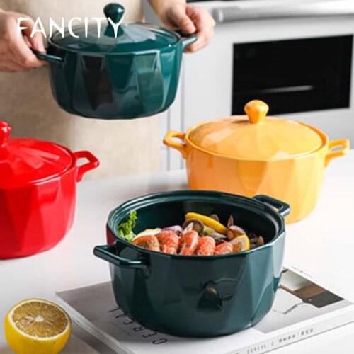 FANCITY Nordic Binaural Soup Bowl Large Creative Personality Household Instant Noodle Bowl with Lid Ceramic Bowl Single Soup Bow
