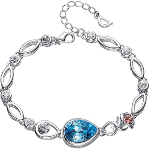 COCOM Romantic Rose Flower Charm Bracelet with Blue Austrian Crystal Fashion Jewelry Valentines Day Gift for Girlfriend or Wife