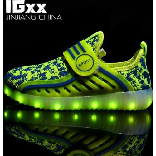 IGxx LED Light Up Shoes For Kids HooK&Loop Best Gift USB Charging Glowing Shoes LED Child Luminous Knit Sport LED Sneakers Boys