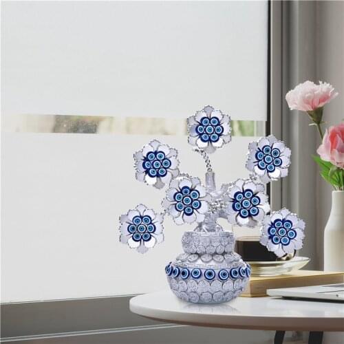 H&D Turkish Evil Eye Flowers Tree with Silver Money Bag Feng Shui Showpiece for Home/Office Decor Protection Wealth Prosperity