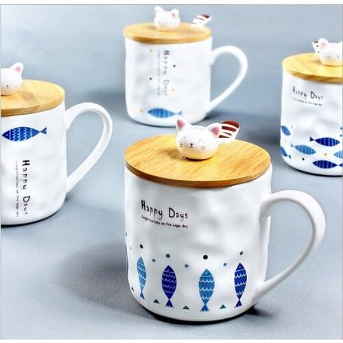 Cute Cat and Fish Animal Ceramic Cup with Spoon and Wooden Cover Creative Coffee Porcelain Tea Cup Nice Gifts