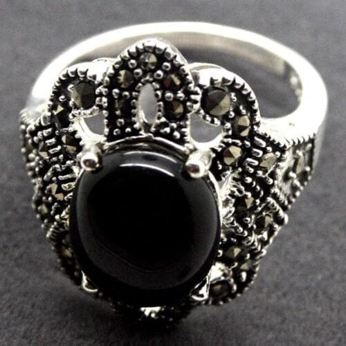 PRETTY NATURAL BLACK Natural jade 925 STERLING SILVER MARCASITE RING SIZE 7/8/9/10