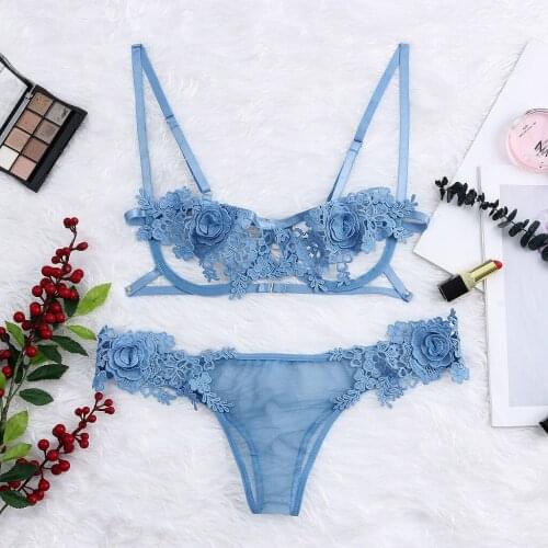 2pcs Erotic Lingerie Set Sexy Thong Lace + Bra Rose Floral Embroidery Sleeveless with Steel Ring Women Underwear Bielizna Damska