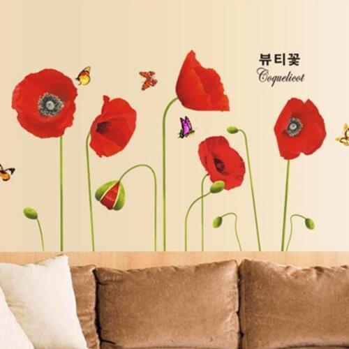 Red Poppy Flowers PVC Removable DIY TV Background Wall Stickers Parlor Kids Bedroom Home Decoration House Mural Art Decals