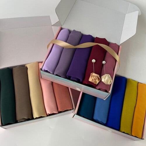Summer Color Plain Crepe HIjabs Chiffon Scarf Soft Shawls Muslim Crinkle Wraps Headband Customize Gift Box Foulard