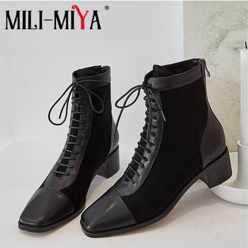 MILI-MIYA Fashion Women Patchwork Motorcycle Ankle Boots Cow Leather Thick High Heels Square Toe Lace Up Autumn Shoes Khaki