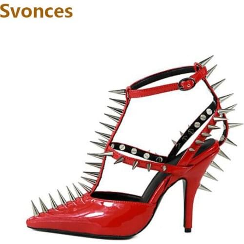 Gladiator Fashion Women Sandals Luxury Novelty Rivets Spikes Designer New Pumps Red Thin High Heels Buckle Brand Shoes Women